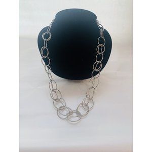 Long Stainless Steel Silver Tone Long Circle Link Necklace Vtg. Estate 38-42”